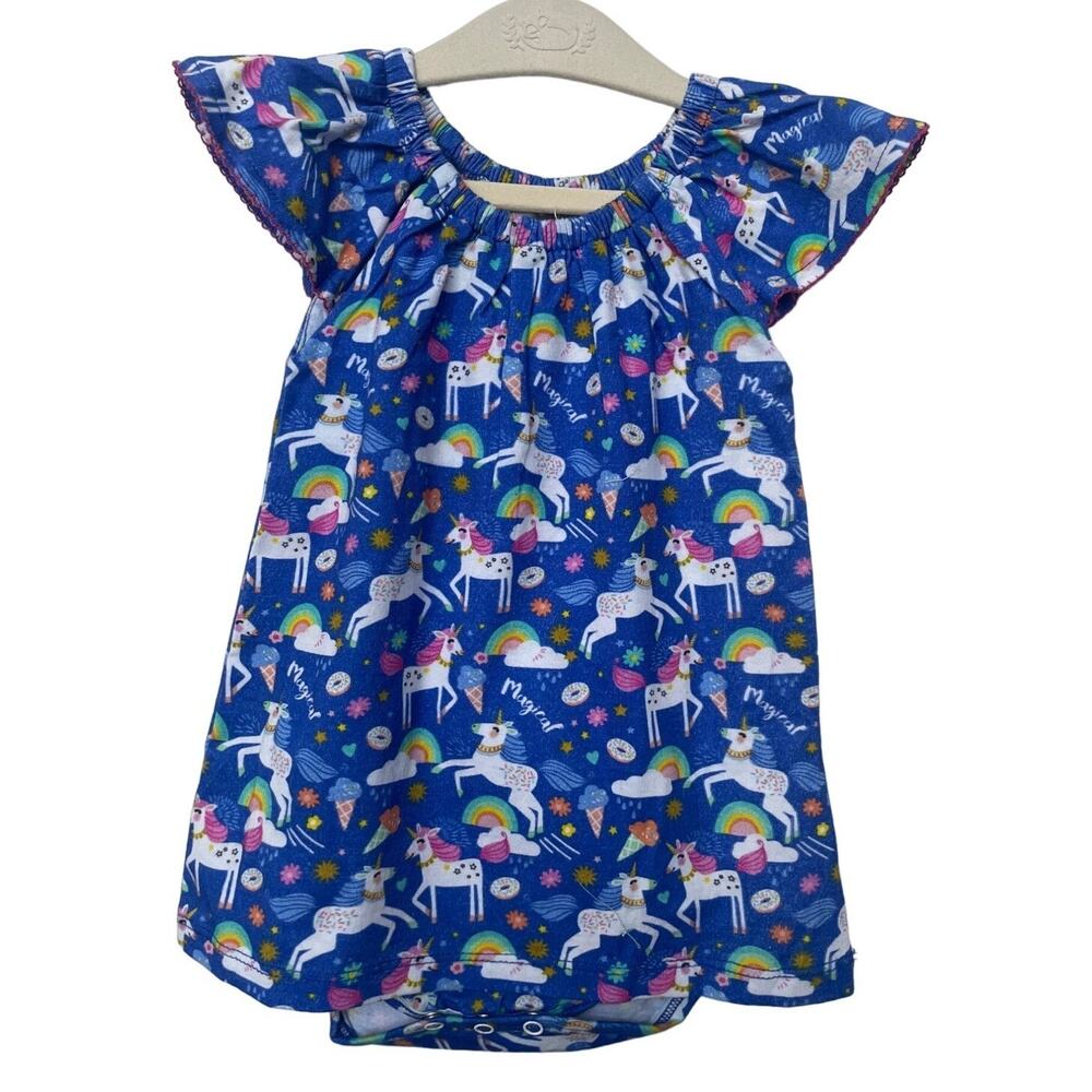 LUCKY JADE Baby Girls' Unicorn Rainbow Dress Blue Cotton NWT Size 6-12M